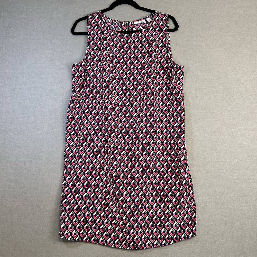 Halogen L Navy Pink Geometric V-Neck Shift Knee Dress Sleeveless Zip Closure